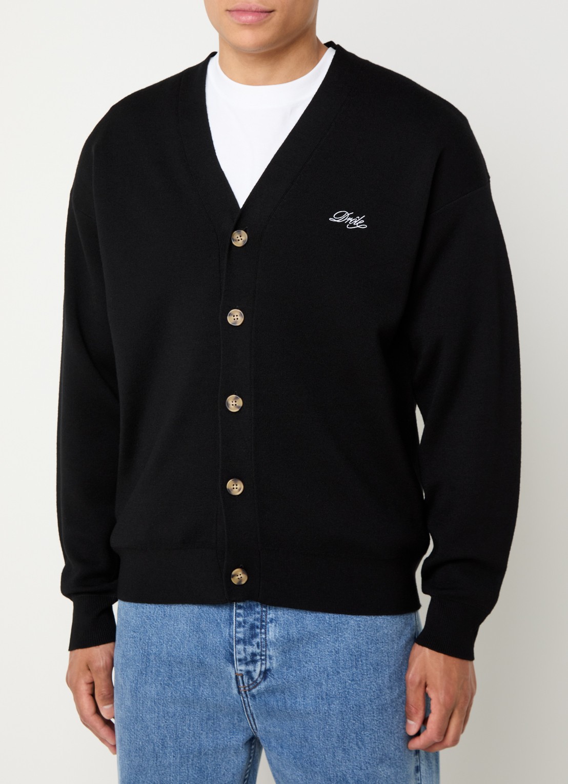 Drôle de Monsieur Fijngebreid vest van merino wol met logo - detail 4 zwart
