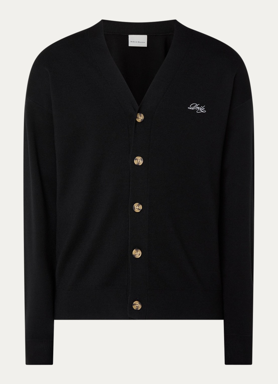 Drôle de Monsieur Fijngebreid vest van merino wol met logo - voorkant 2 zwart