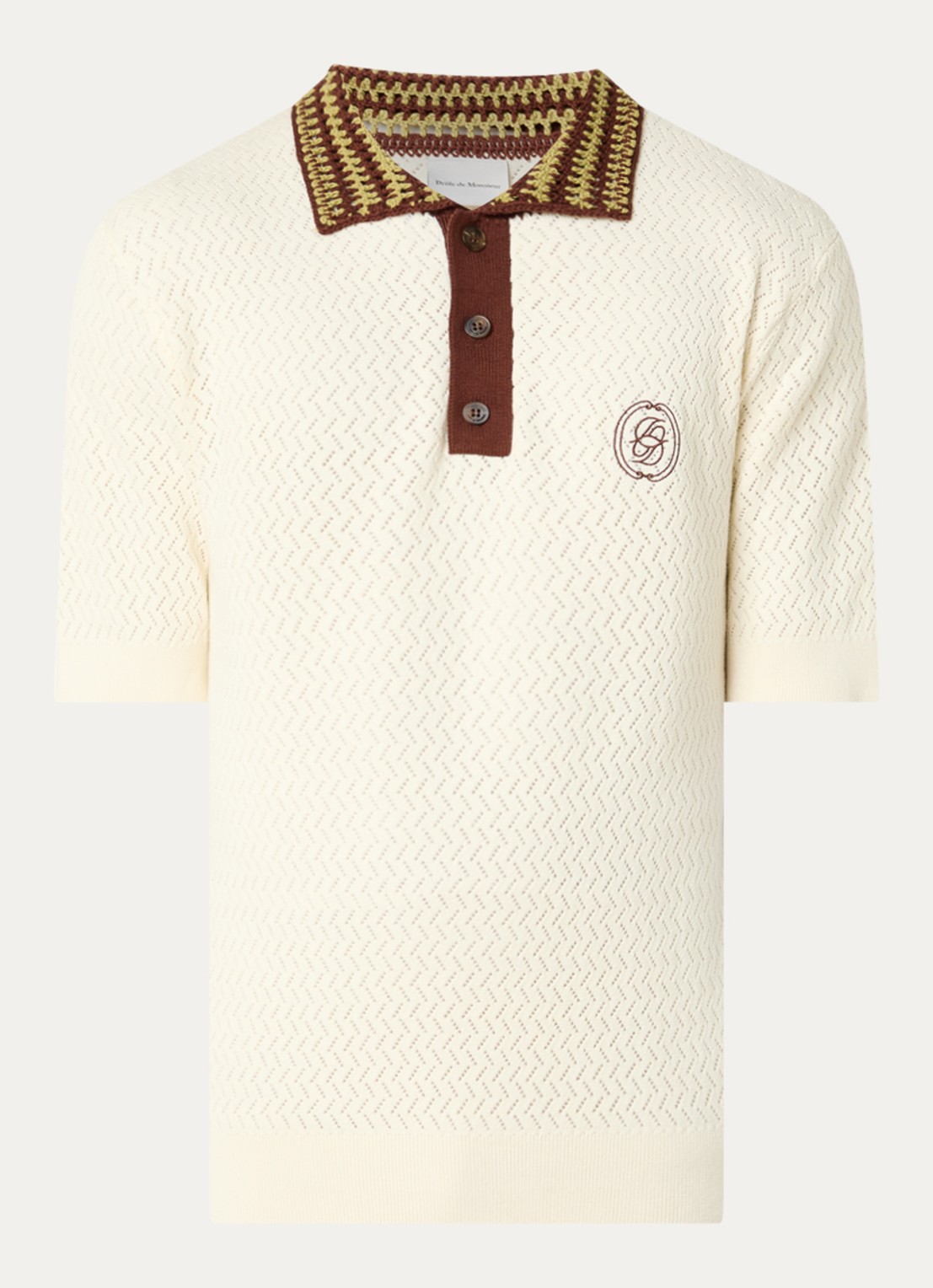Drôle de Monsieur Fijngebreide regular fit polo met logo en opengewerkt dessin - voorkant gebroken wit