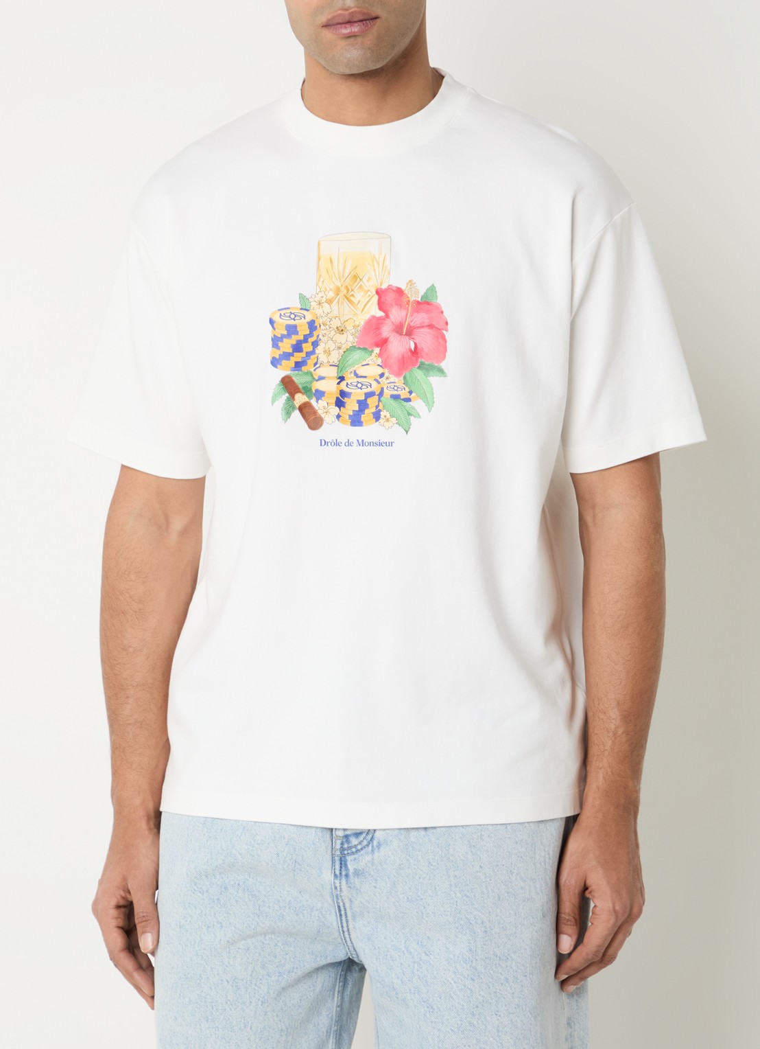 Drôle de Monsieur Hibiscus Club T-shirt met print - detail 3 gebroken wit