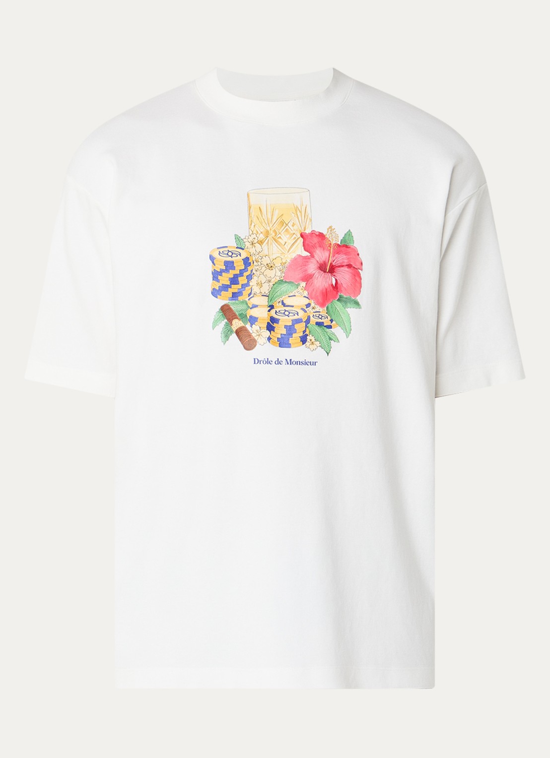 Drôle de Monsieur Hibiscus Club T-shirt met print - voorkant gebroken wit