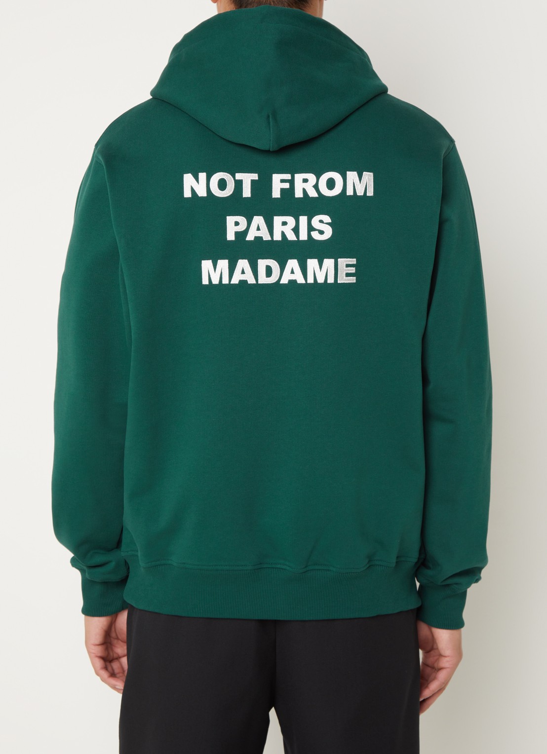 Drôle de Monsieur Hoodie met front- en backprint - detail groen