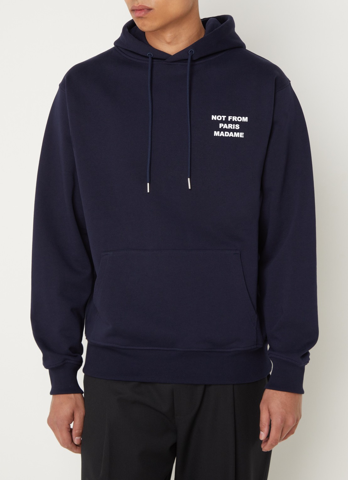 Drôle de Monsieur Hoodie met front- en backprint - achterkant donkerblauw