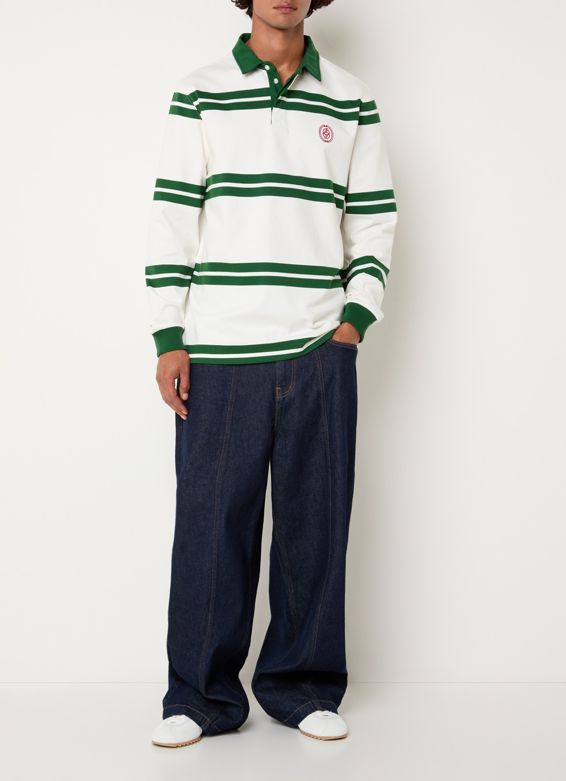 Drôle de Monsieur Regular fit polo met streepprint en logo - voorkant 3 groen