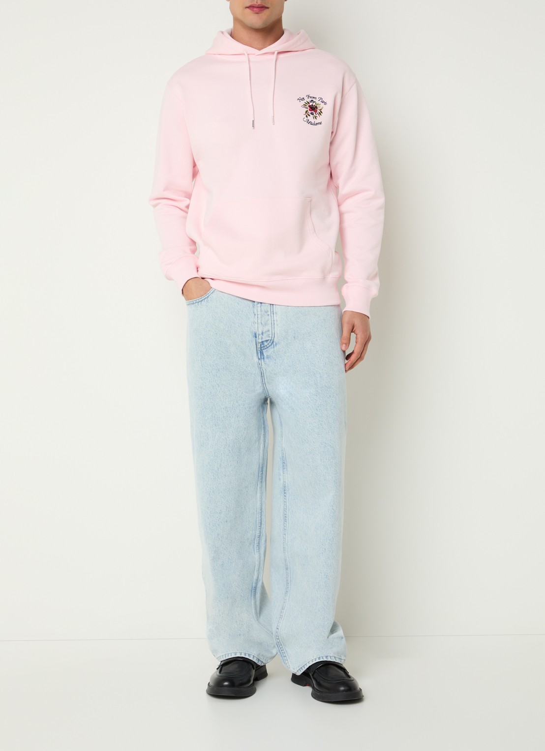 Drôle de Monsieur Slogan Rose hoodie met logoborduring - voorkant 2 lichtroze