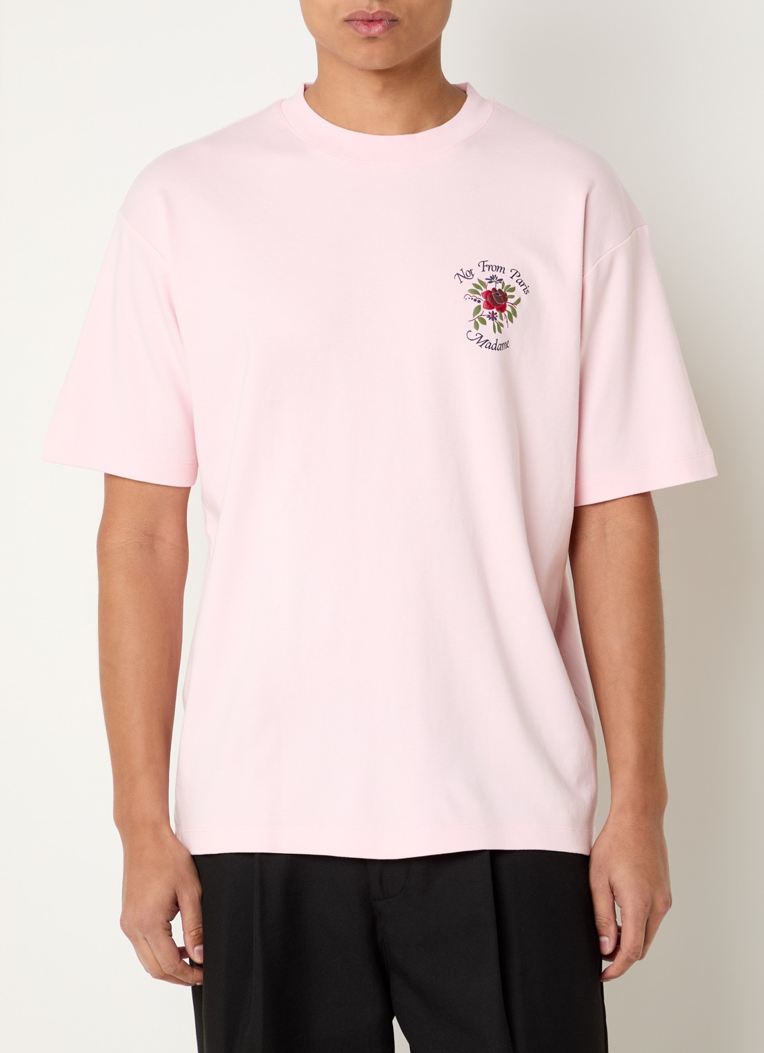 Drôle de Monsieur Slogan Rose T-shirt met logo- en backprint - achterkant 4 lichtroze