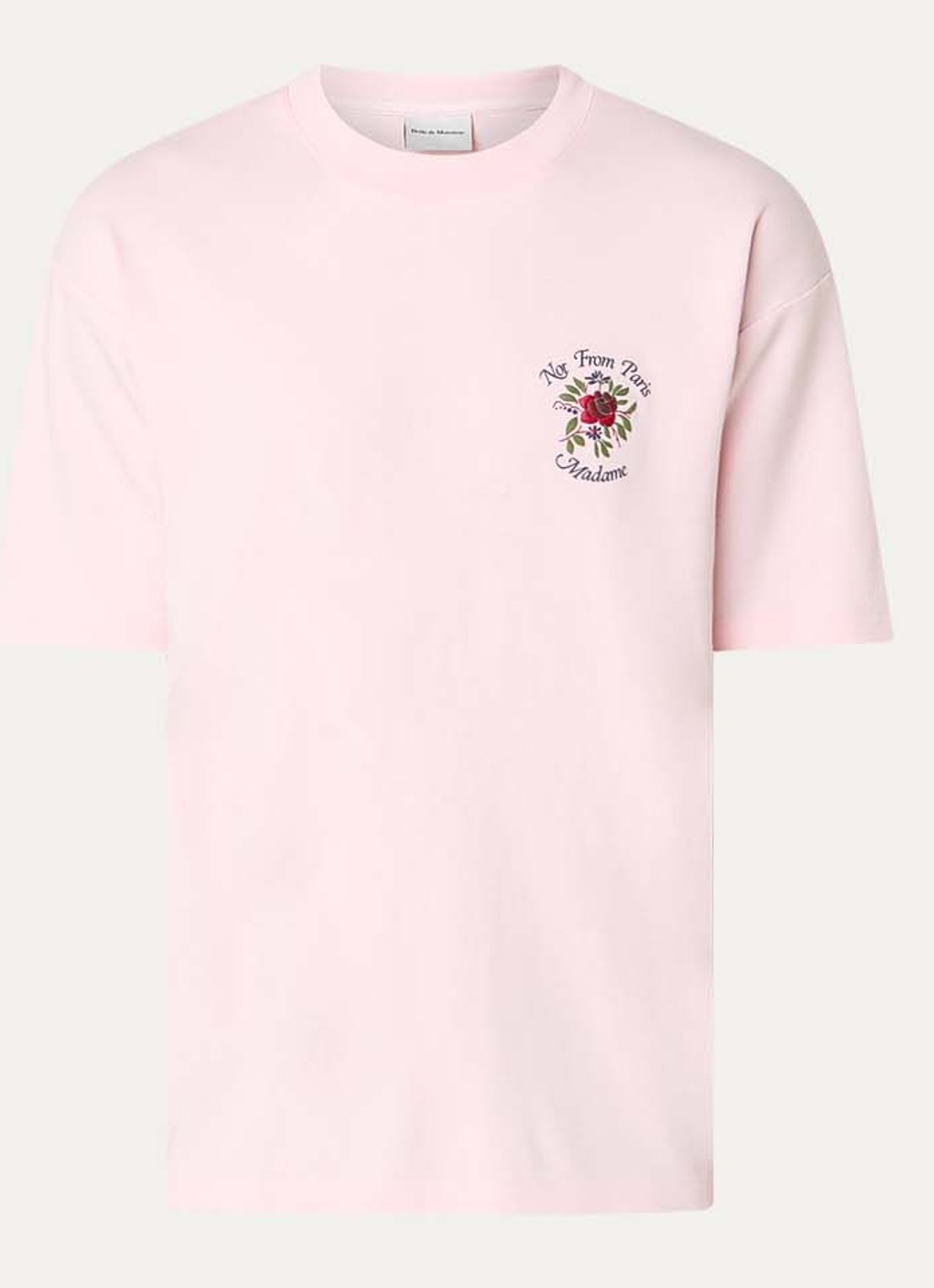 Drôle de Monsieur Slogan Rose T-shirt met logo- en backprint - voorkant lichtroze