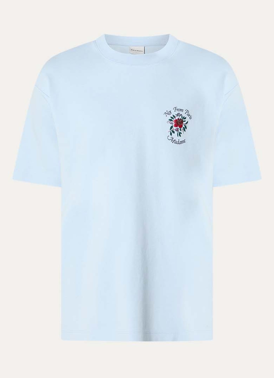 Drôle de Monsieur Slogan Rose T-shirt met logo- en backprint - voorkant 2 lichtblauw