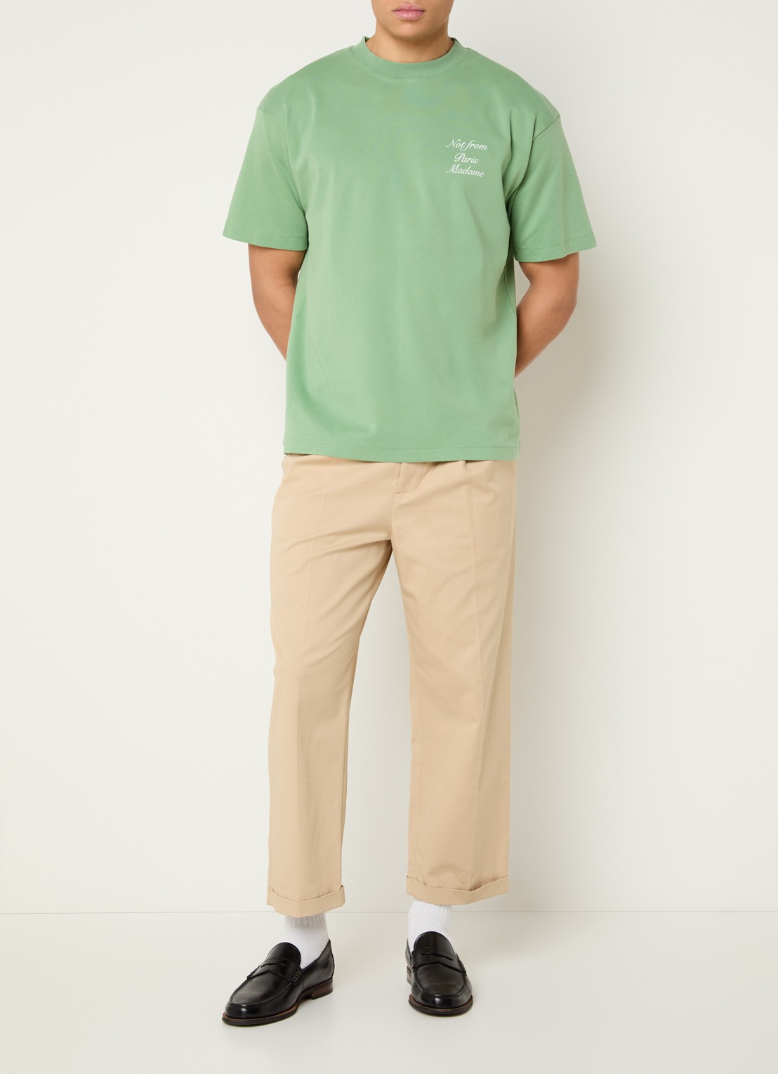 Drôle de Monsieur T-shirt met logo- en backprint - voorkant 4 lichtgroen