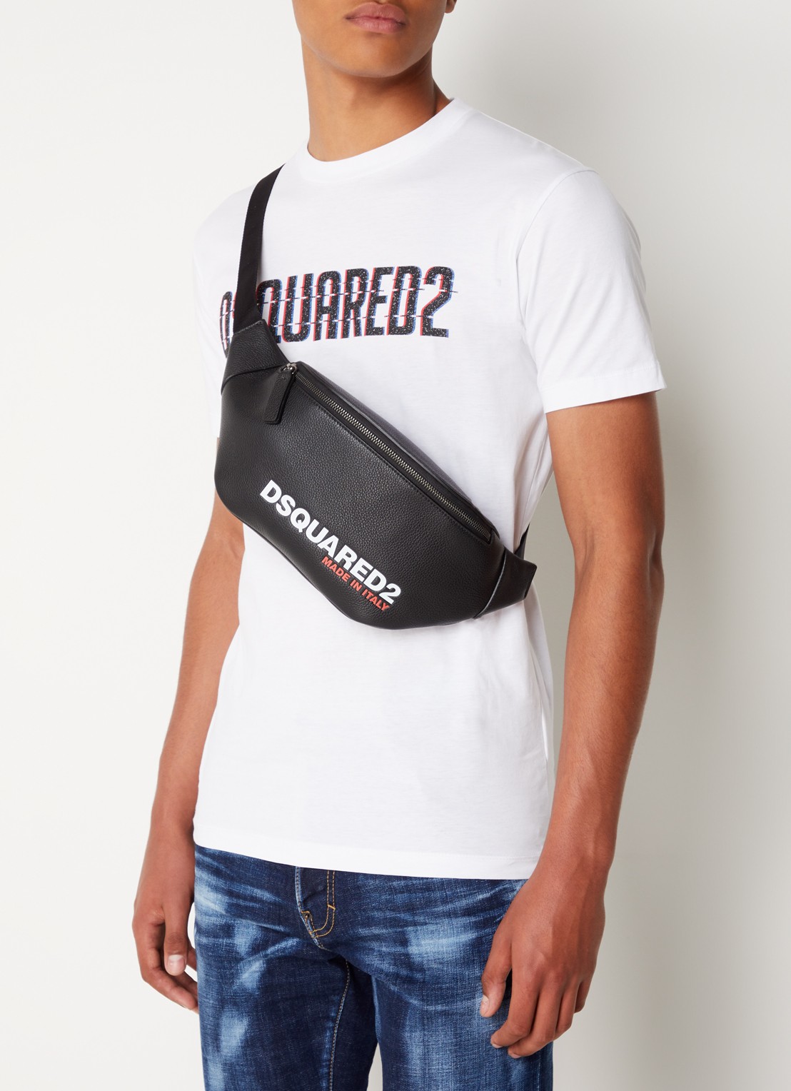 Dsquared2 Bob heuptas van leer met logo - voorkant 3 zwart
