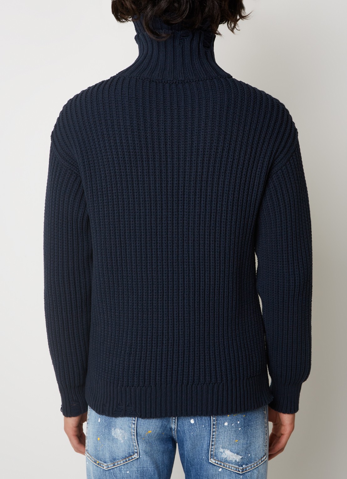 Dsquared2 Grofgebreide coltrui met destroyed afwerking en logo - achterkant donkerblauw