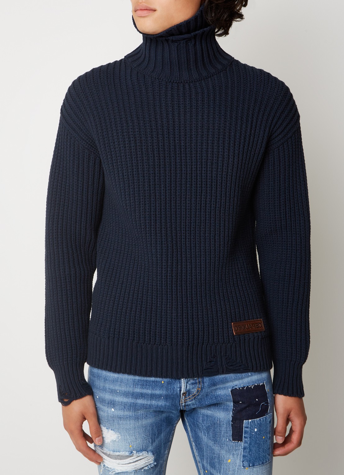 Dsquared2 Grofgebreide coltrui met destroyed afwerking en logo - detail 4 donkerblauw