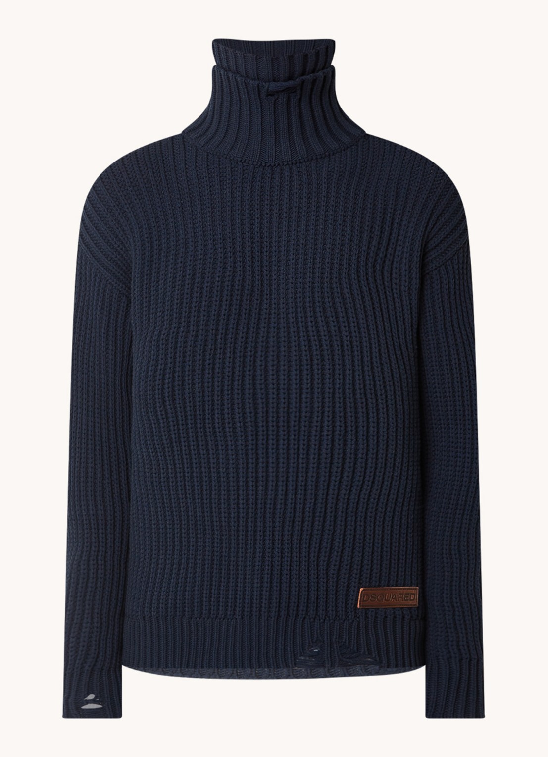 Dsquared2 Grofgebreide coltrui met destroyed afwerking en logo - voorkant 2 donkerblauw