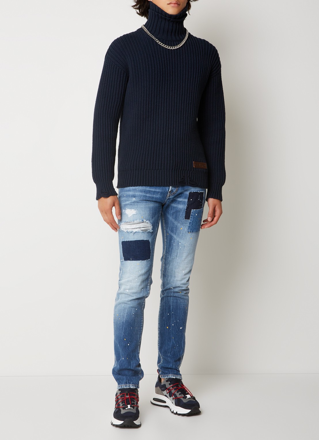 Dsquared2 Grofgebreide coltrui met destroyed afwerking en logo - voorkant 3 donkerblauw