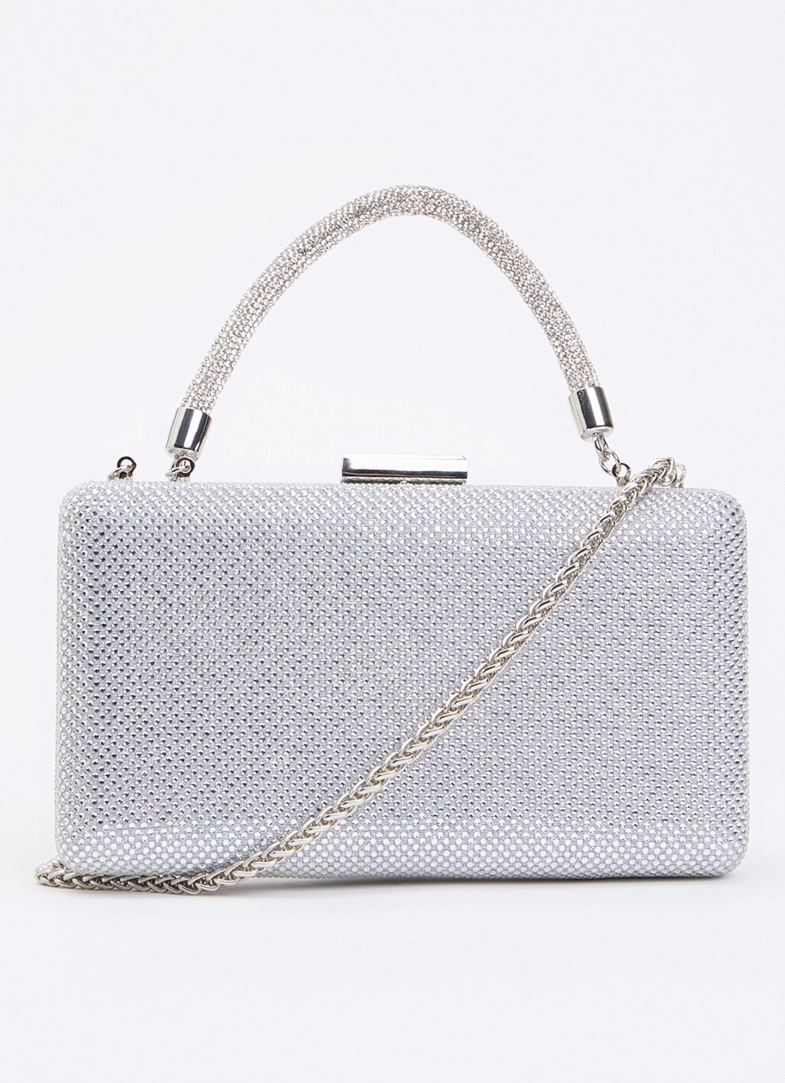 Dune London Beaut clutch met afneembare schouderriem - voorkant 2 zilver