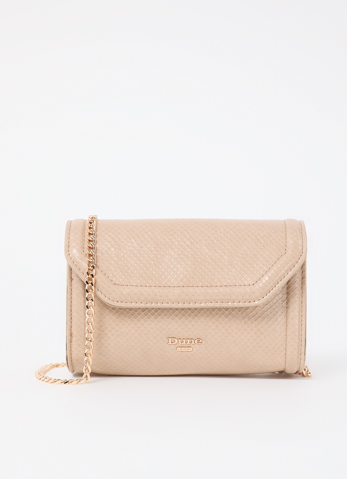 Dune London Bellini clutch met logo - voorkant beige