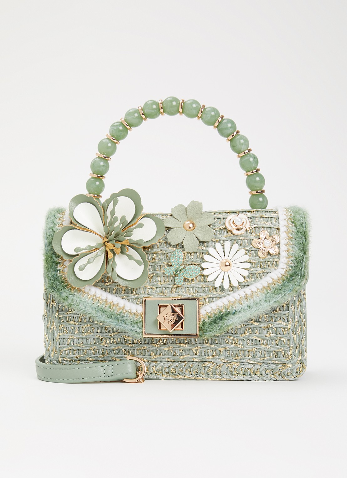 Dune London Blooms crossbodytas met afneembare schouderriem - voorkant 2 lindegroen