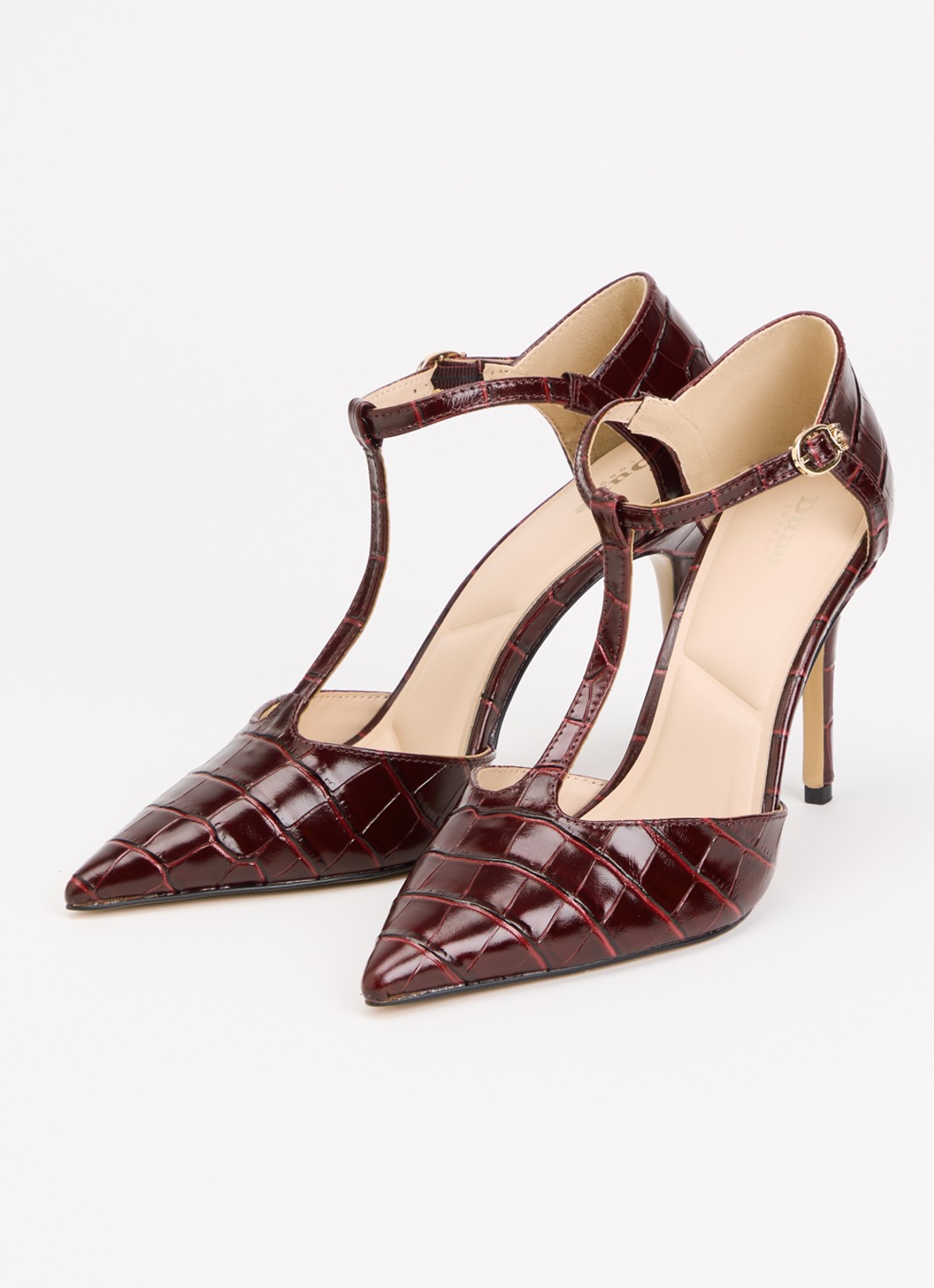Dune London Castered pump met crocostructuur  - detail 3 bordeauxrood