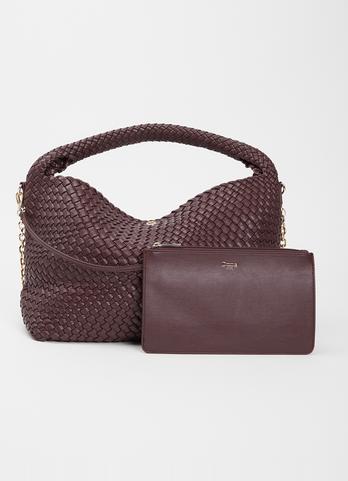 Dune London Deliberate schoudertas met gevlochten detail en uitneembaar etui - voorkant aubergine