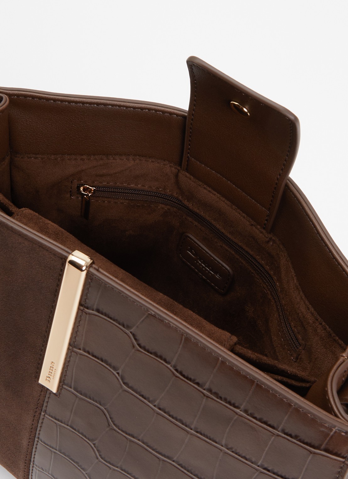 Dune London Destined Medium handtas van leer met crocostructuur en details van suède - detail chocoladebruin
