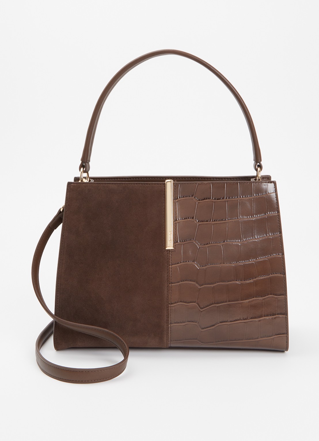 Dune London Destined Medium handtas van leer met crocostructuur en details van suède - voorkant 5 chocoladebruin