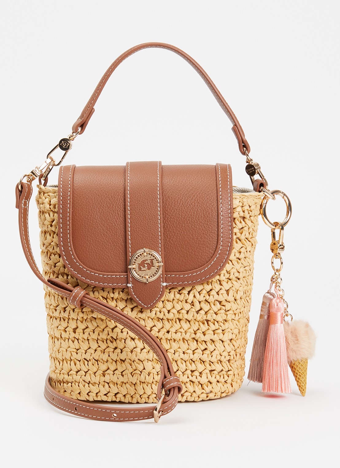 Dune London Dimple handtas met leren details en afneembare schouderriem - voorkant 2 cognac