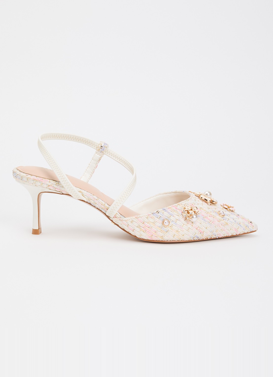 Dune London Dyana slingback met imitatieparels en strass - voorkant 2 gebroken wit