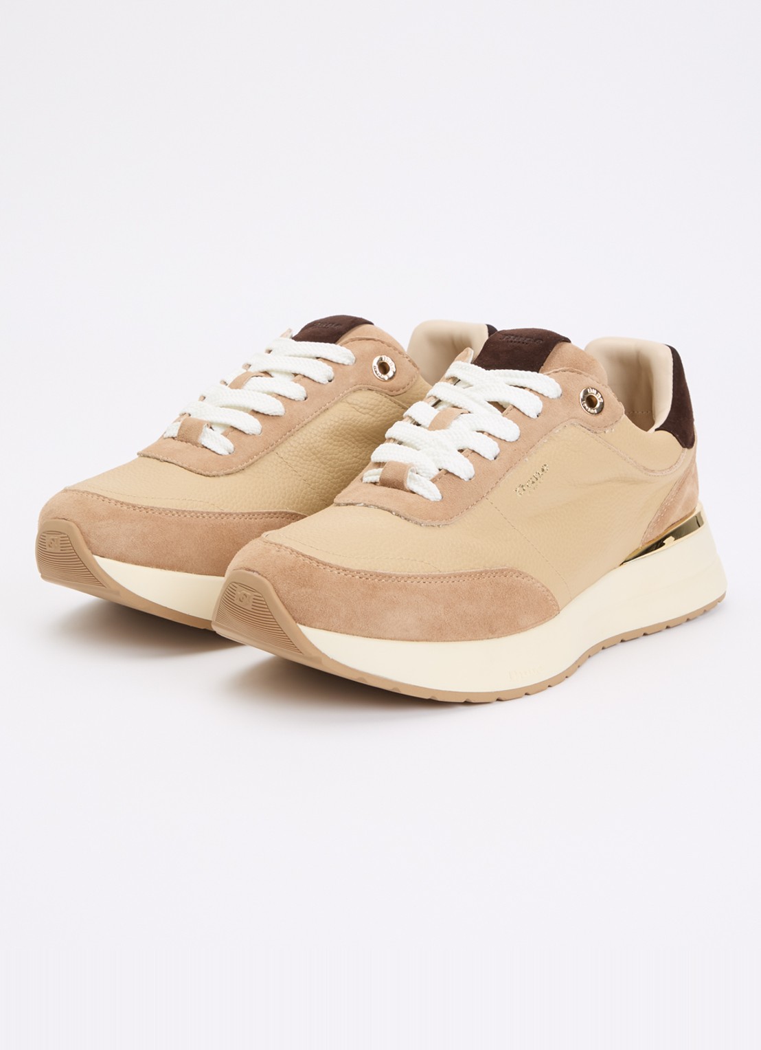 Dune London Emotion sneaker met suède details - detail camel