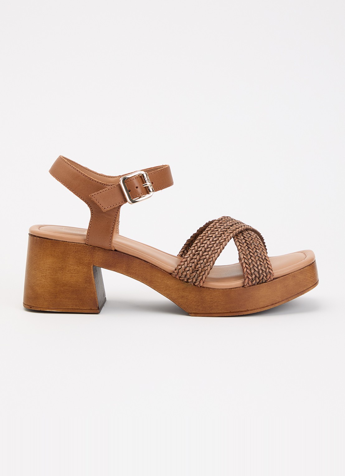Dune London Janko sandalette van leer met gevlochten details - voorkant lichtbruin