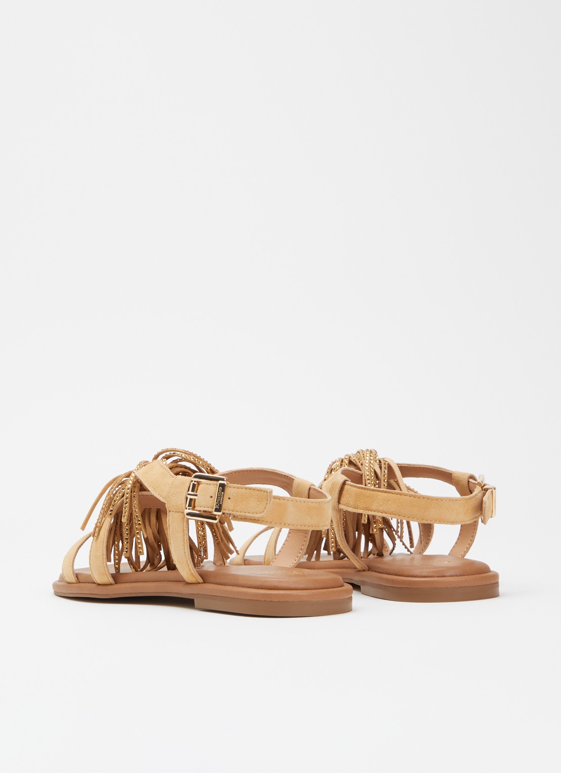 Dune London Lysia sandaal van suède met strass en franjes - achterkant 5 camel