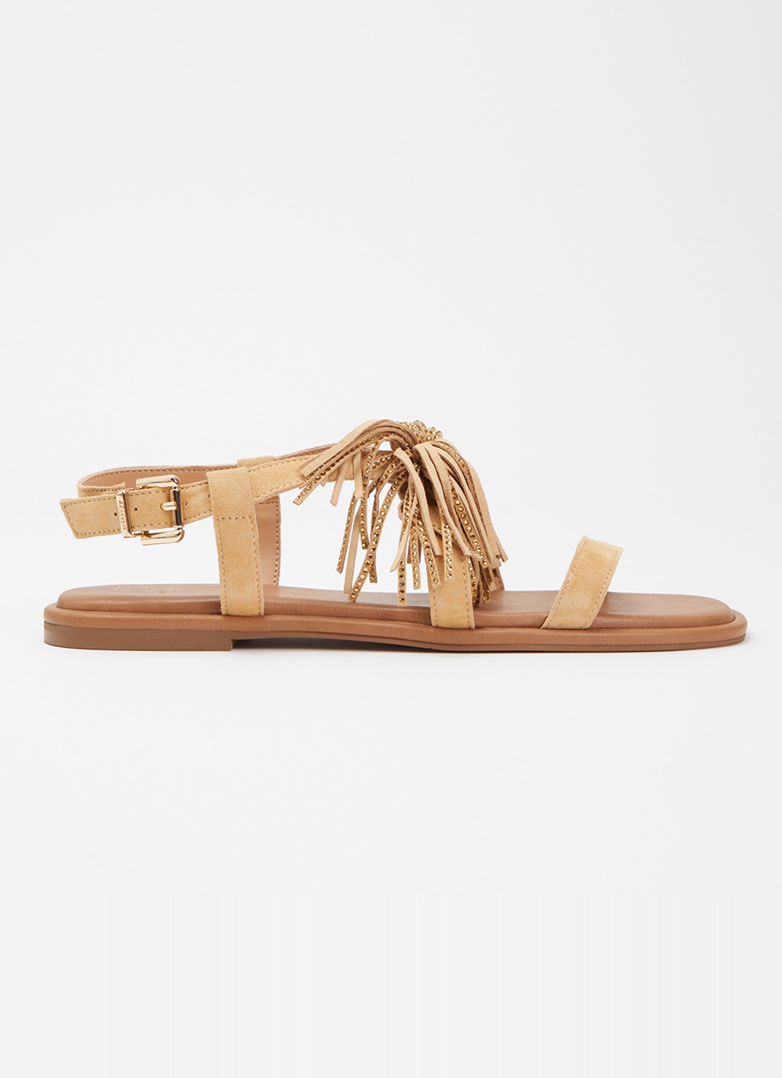 Dune London Lysia sandaal van suède met strass en franjes - voorkant camel
