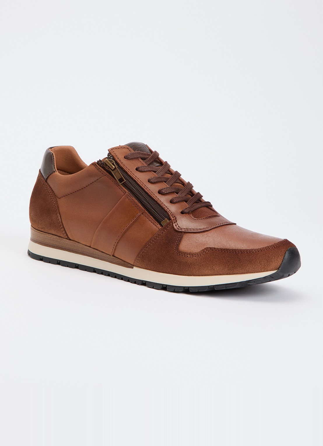 Dune London Thame sneaker van leer met ritsdetail  - voorkant bruin