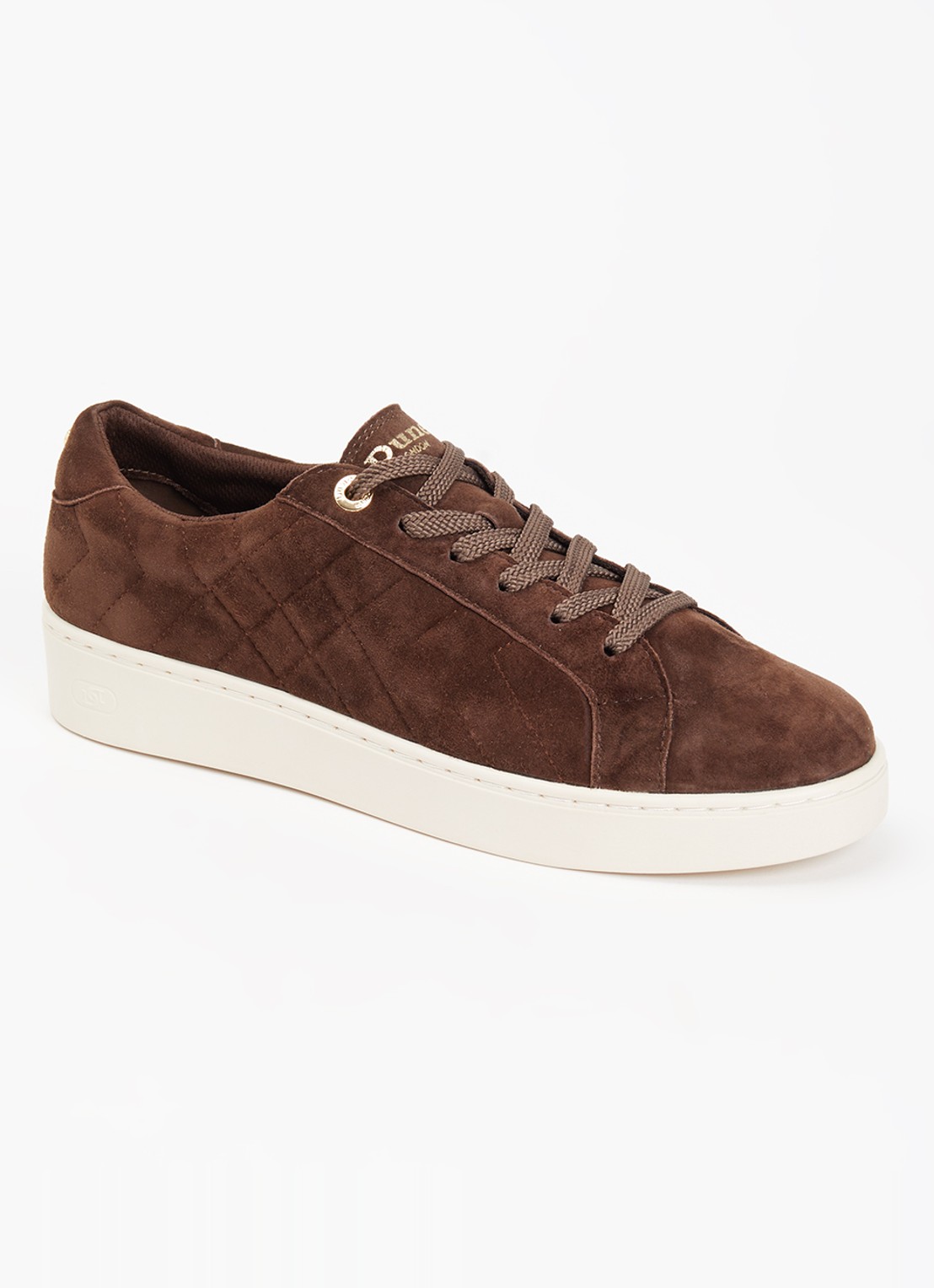 Dune London Wide Fit Egent sneaker van leer met quilt patroon  - voorkant 2 donkerbruin