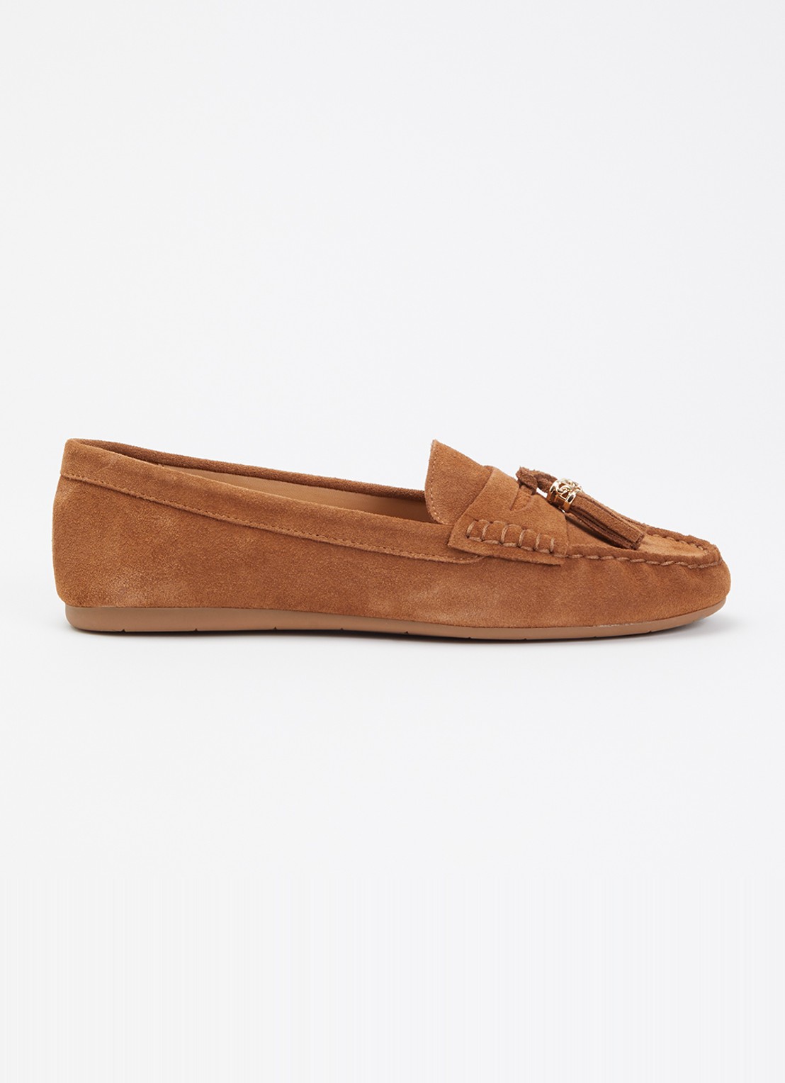 Dune London Wide Fit Geen mocassin van leer met franjes - voorkant 4 bruin