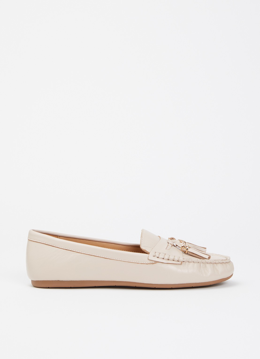 Dune London Wide Fit Geen mocassin van leer met franjes - voorkant 5 lichtroze