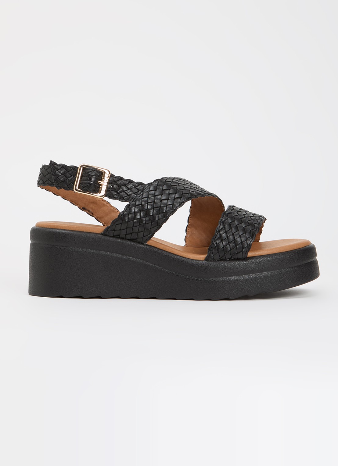 Dune London Wide Fit Kerbie sleehak van leer met gevlochten details - voorkant zwart