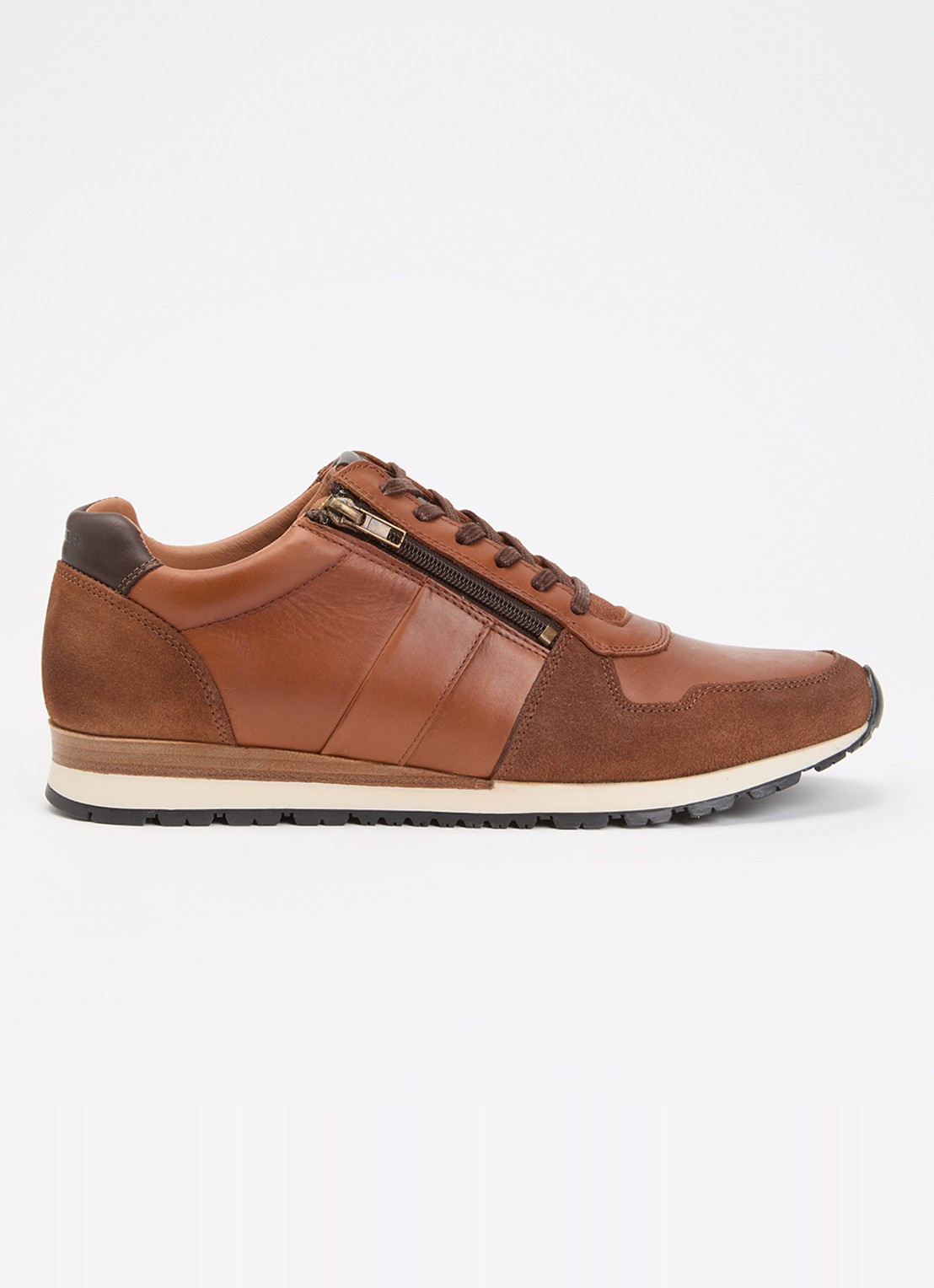 Dune London Wide Fit Thame sneaker van leer met ritsdetail  - voorkant 2 bruin