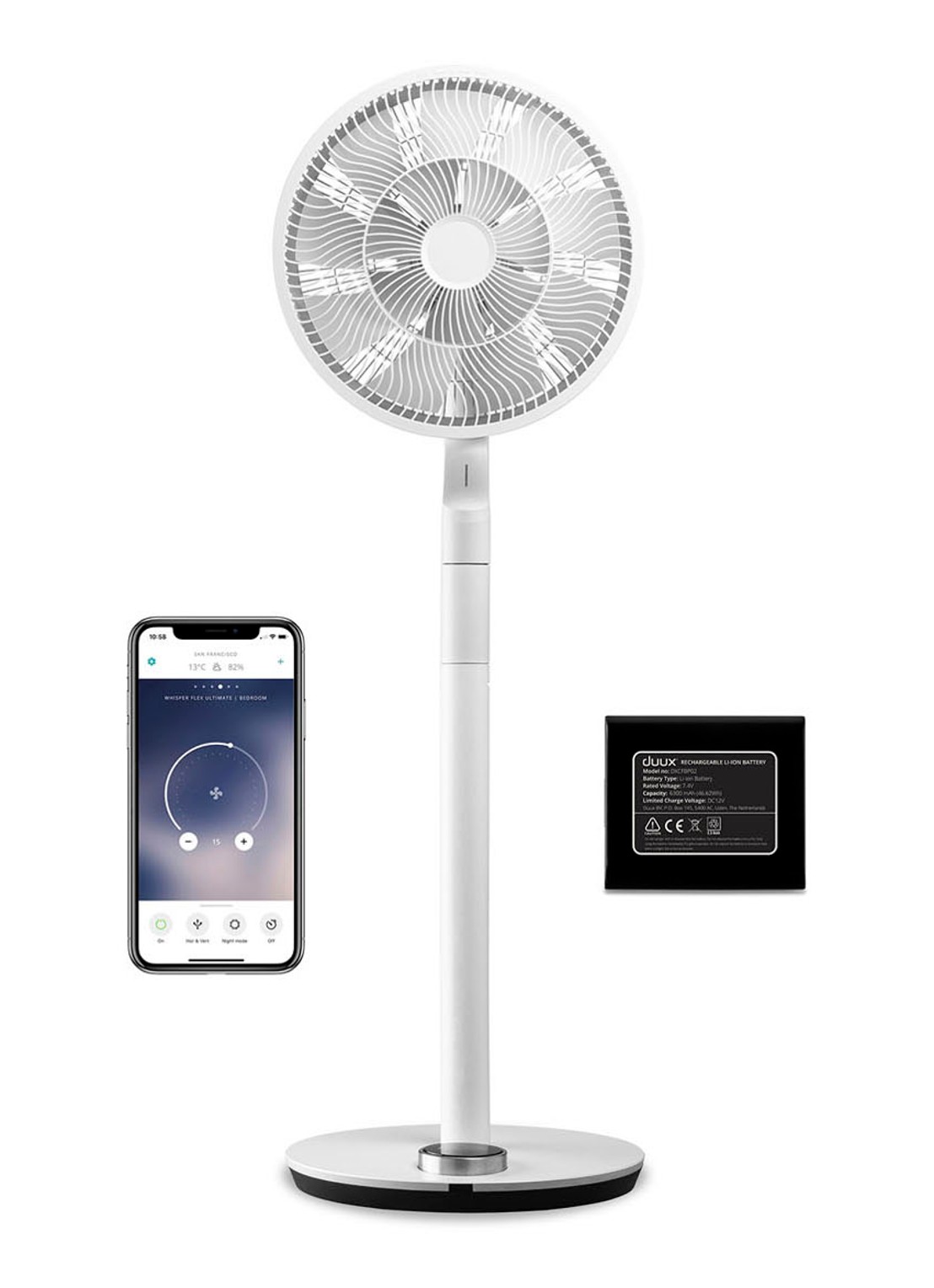 Duux Whisper Flex Ultimate verstelbare vloerventilator met batterij, 103 cm - voorkant wit