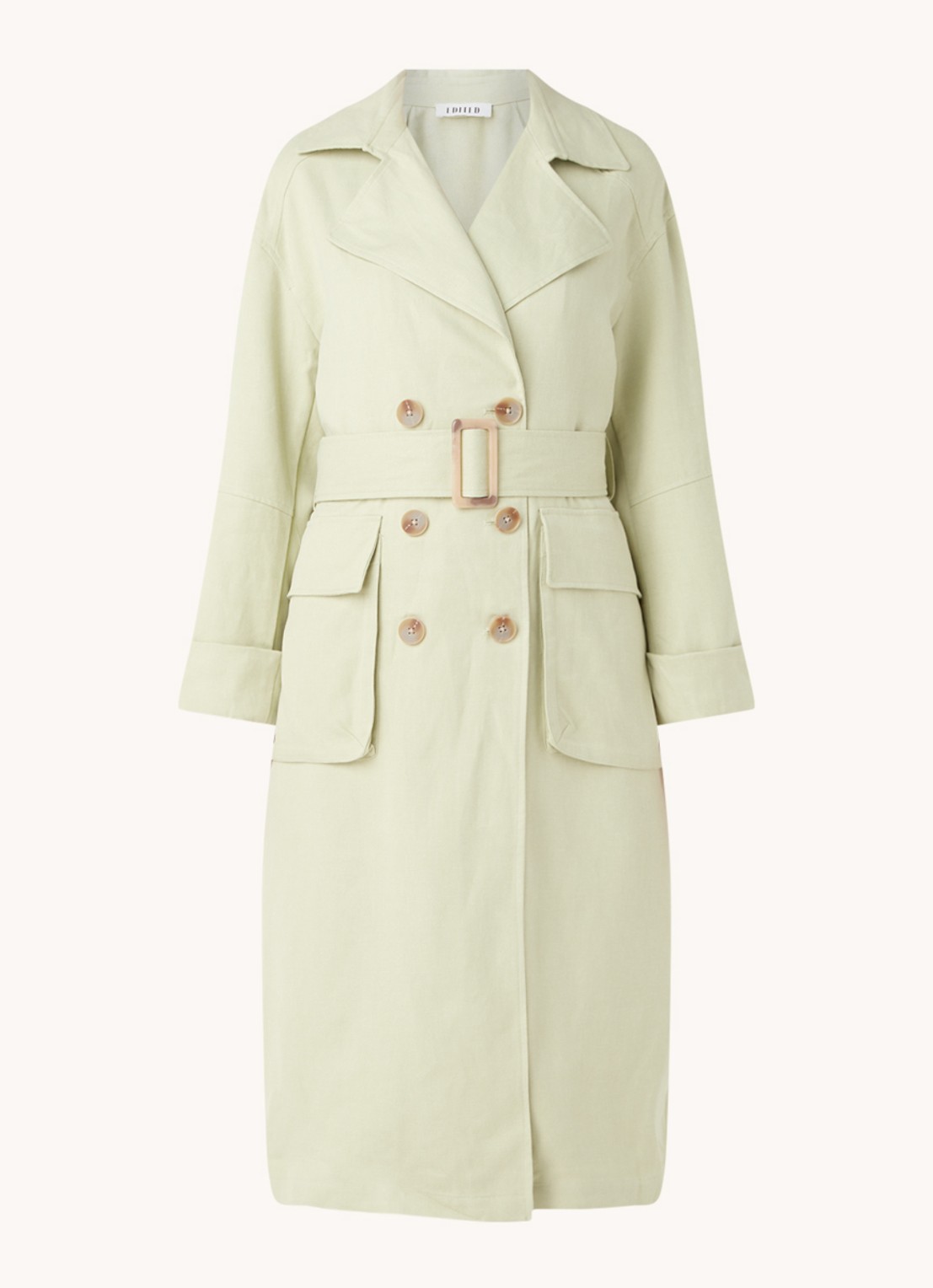 EDITED Giuliana trenchcoat met ceintuur en klepzakken - voorkant 3 lichtgroen