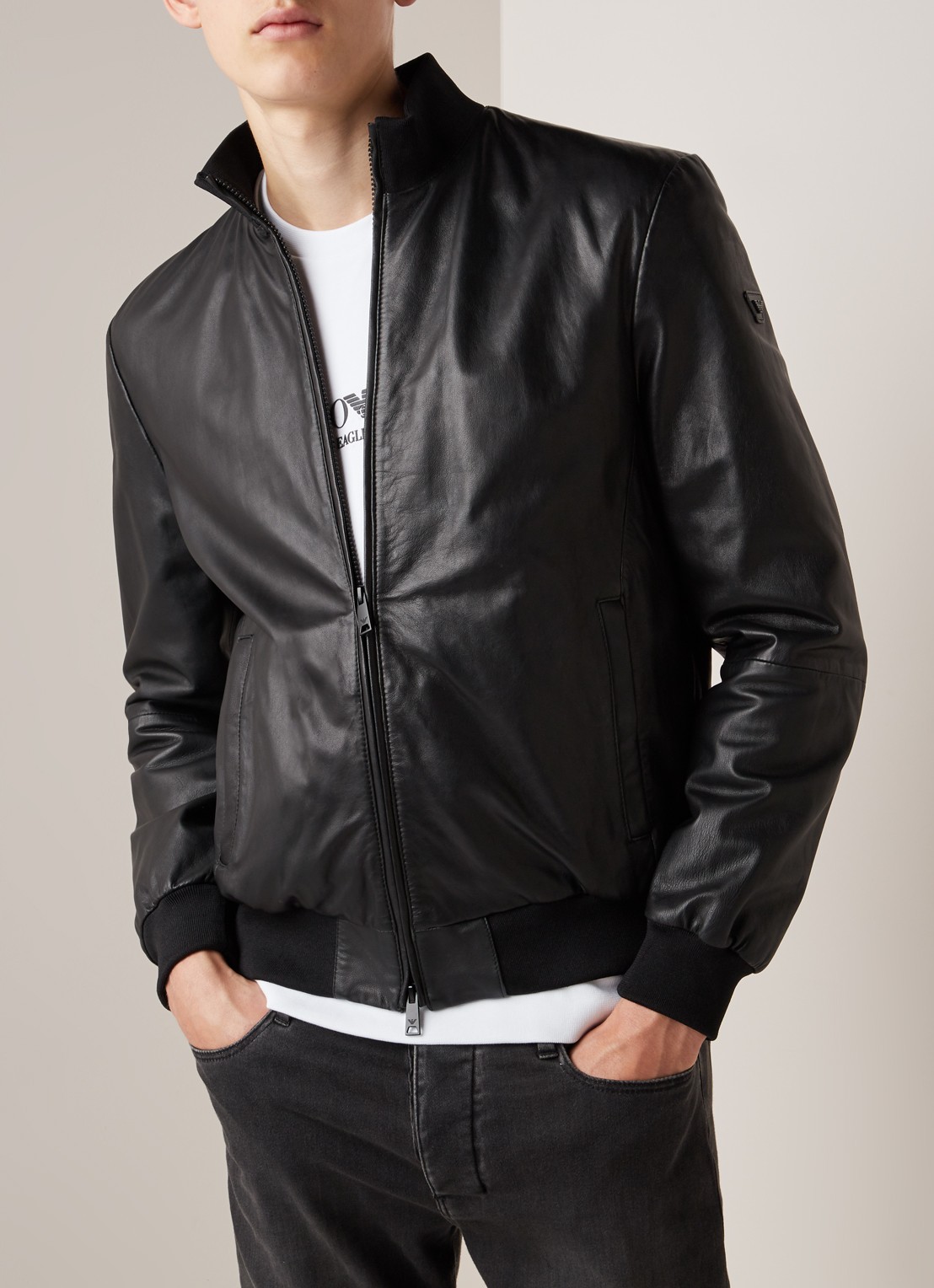 Emporio Armani Bomberjack van lamsleer - detail zwart