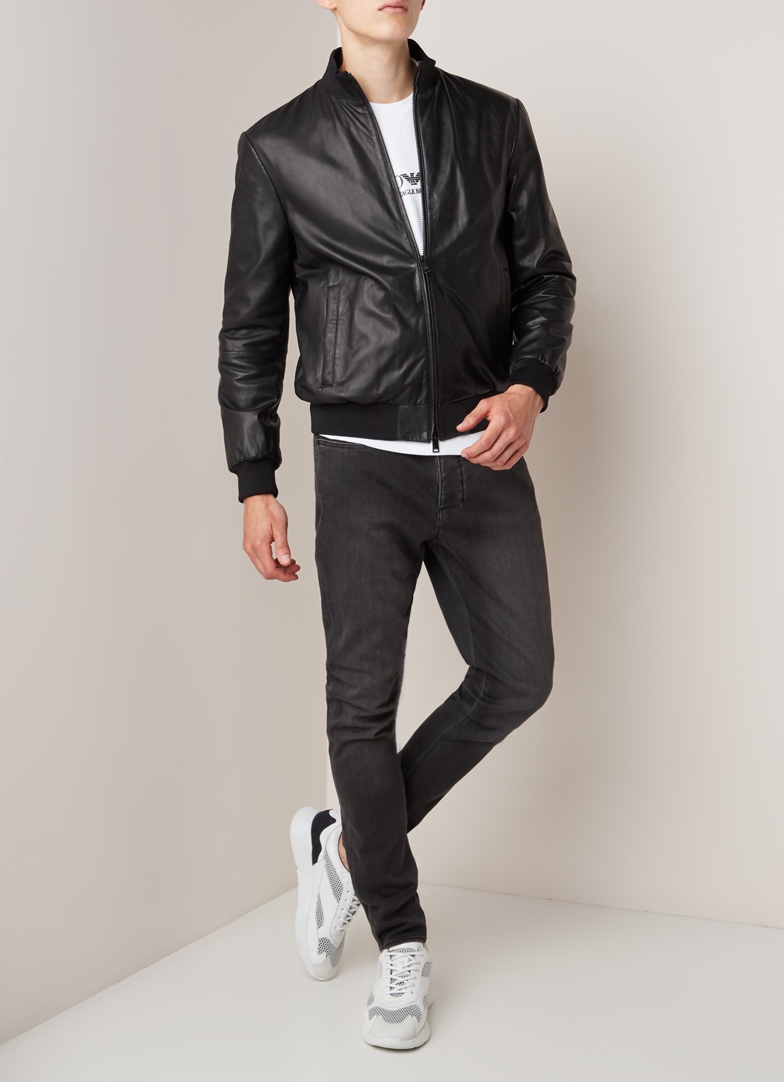 Emporio Armani Bomberjack van lamsleer - voorkant 4 zwart