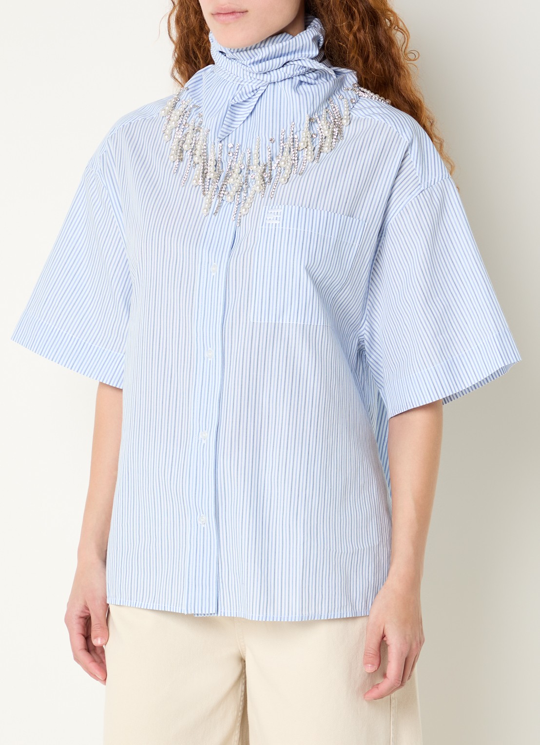 Essentiel Antwerp Blouse met streepprint en afneembare sjaalkraag - detail lichtblauw