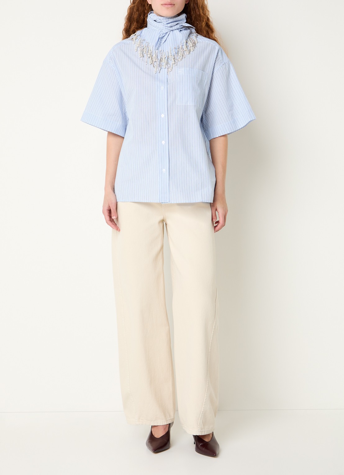 Essentiel Antwerp Blouse met streepprint en afneembare sjaalkraag - voorkant 3 lichtblauw