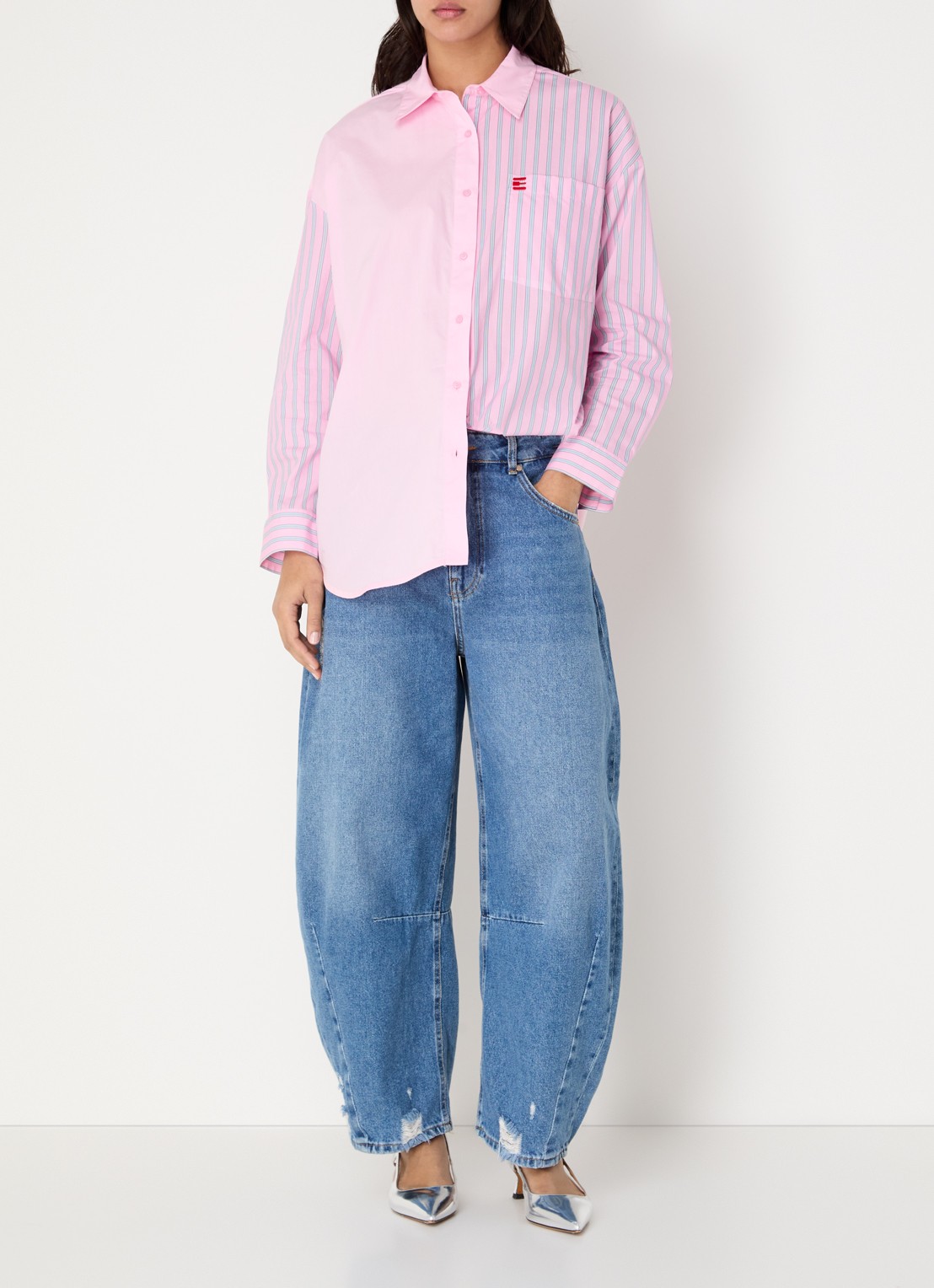 Essentiel Antwerp Blouse met streepprint en bostzak - voorkant 2 roze