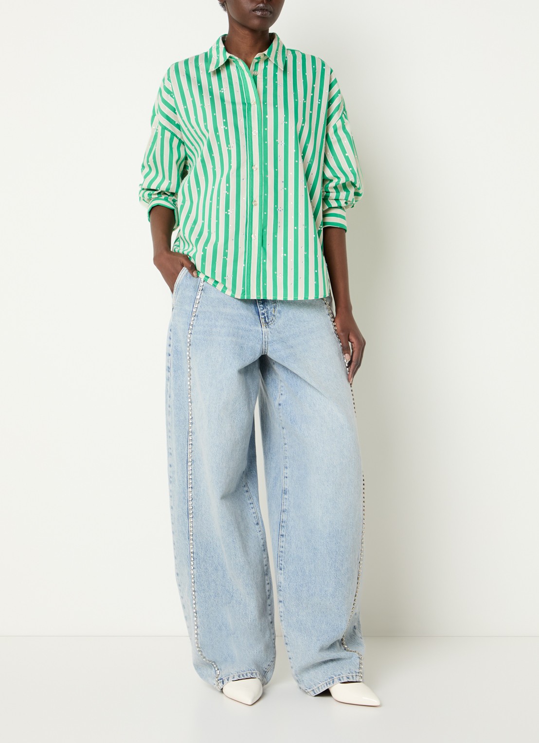 Essentiel Antwerp Blouse met streepprint en strass - voorkant 4 groen