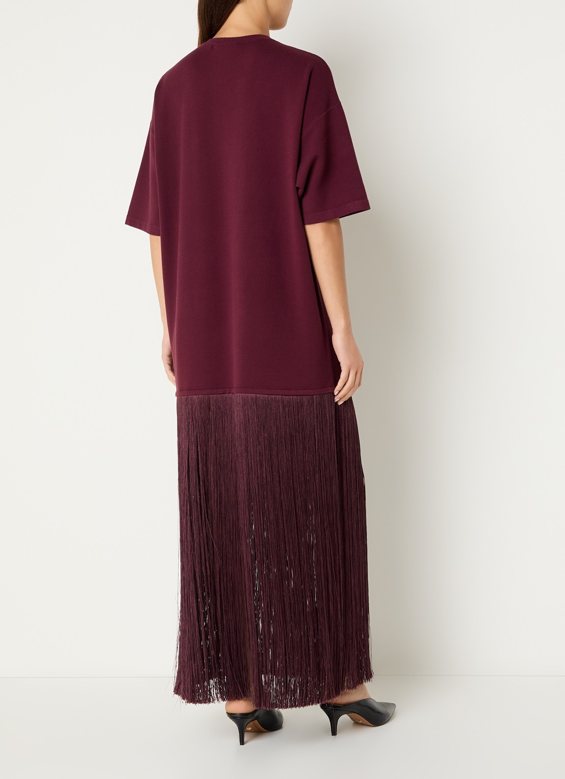 Essentiel Antwerp Fijngebreide maxi trui jurk met franjes - achterkant aubergine