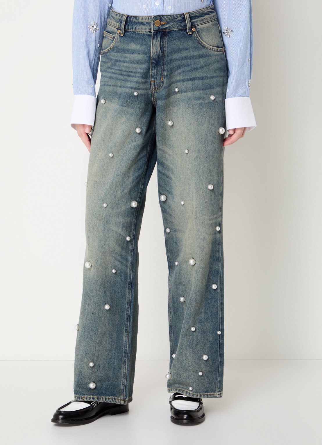 Essentiel Antwerp Held high waist wide leg jeans van  katoen met imitatieparels - detail 4 indigo