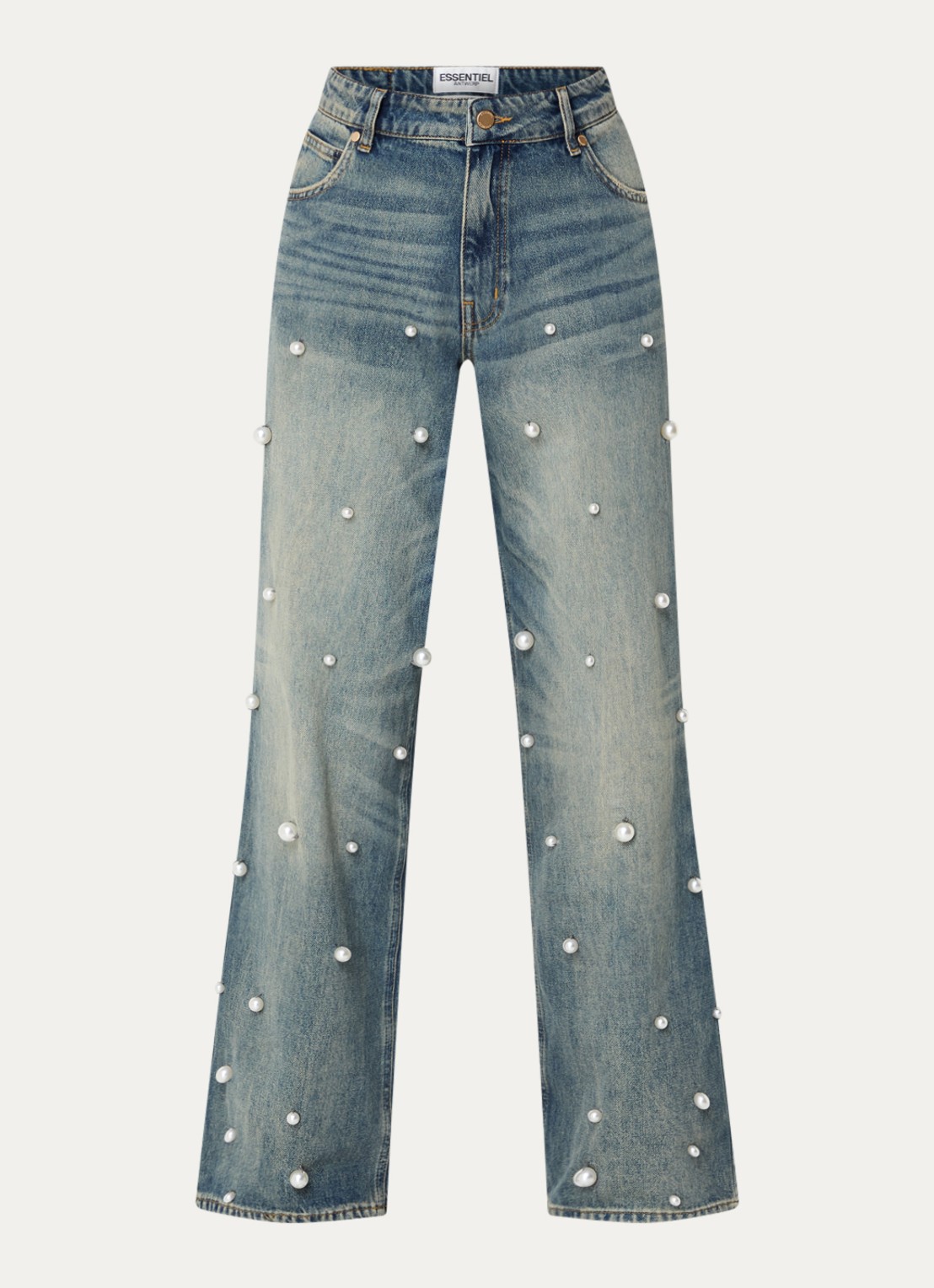 Essentiel Antwerp Held high waist wide leg jeans van  katoen met imitatieparels - voorkant indigo