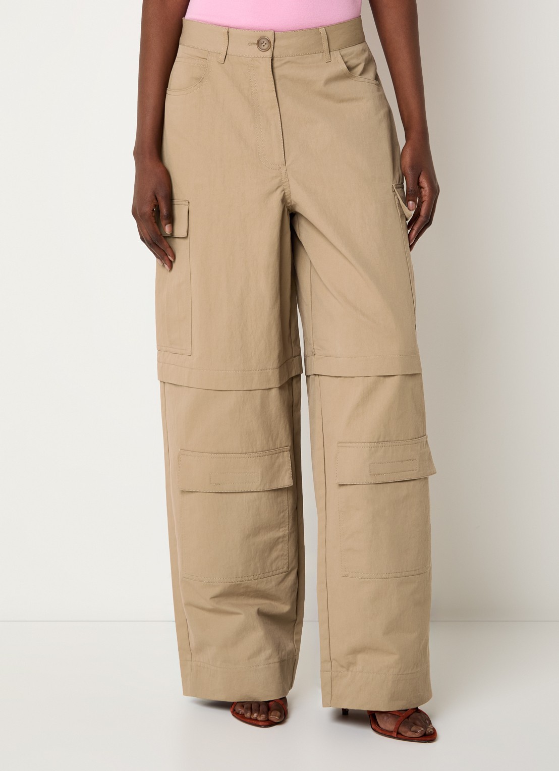 Essentiel Antwerp High waist loose fit cargobroek met steekzakken - detail 4 cognac