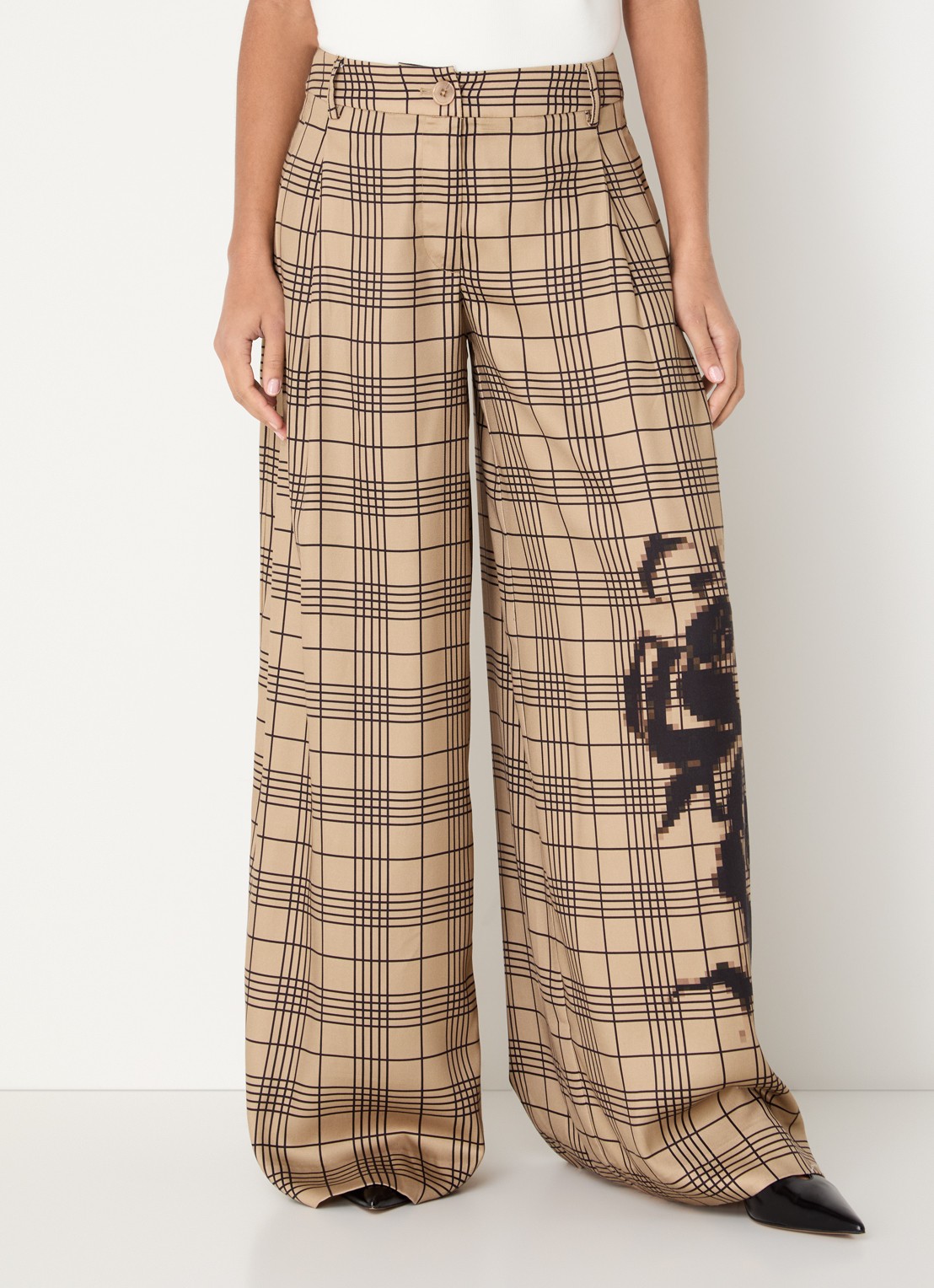Essentiel Antwerp High waist wide fit palazzo broek met ruitdessin - detail 4 beige